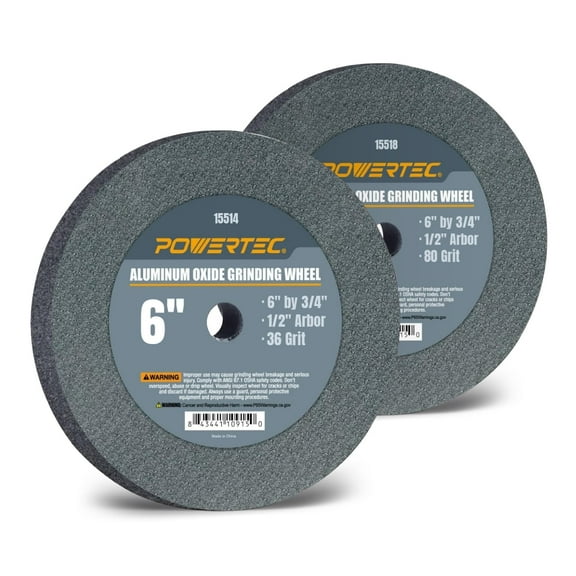 POWERTEC Bench Grinder Wheel 6 Inch 36 & 80 Grit, Aluminum Oxide Grinding Wheel for Bench and Pedestal Grinder, 3/4" Thick 1/2" Arbor, Sharpening & Shaping Drill Bits, Blade, Chisel, 2PK  (15546)