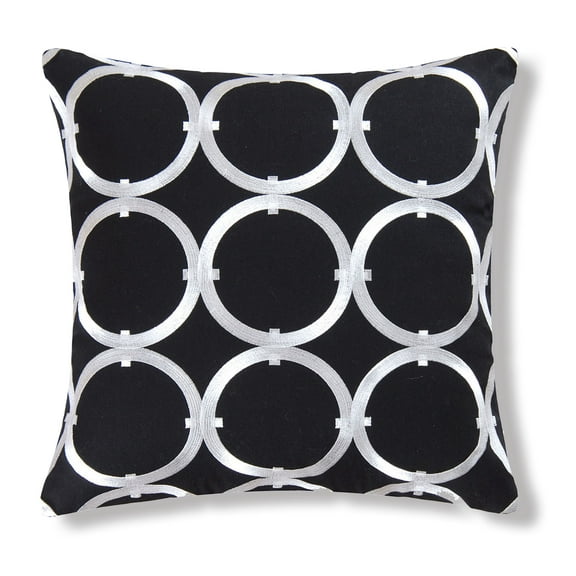Circle on Black Embroidered Pillow, 18" x 18"