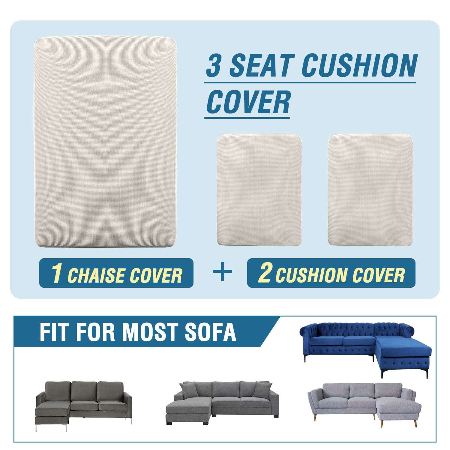 Turquoize 3-Piece Separate Slipcovers Textured Grid Polyester Blend Sectional Couch Sofa Covers for Left/Right L Shape Chaise Lounge Sofa, Ivory 2 Seater + 1 Chaise