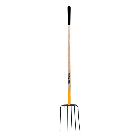 True Temper 6-Tine Steel Manure Fork Pitchfork with Hardwood Handle, 48 in., for Transferring Manure, Mulch with Cushion Grip CA1