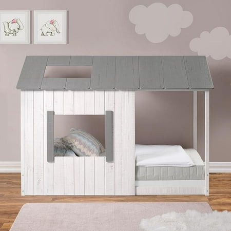 P'kolino Kid's House Twin Floor Bed - Rustic White and Grey