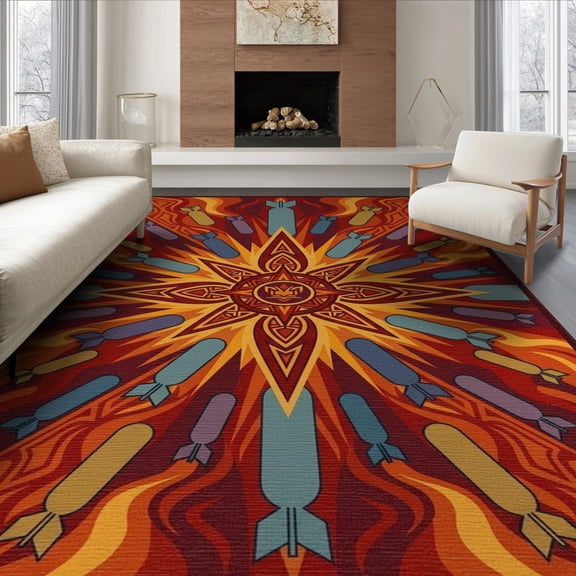 ODIKA 8'x10' Washable Area Rug With Colorful Burst And Fiery Accents Gamer Gamepad Design Playful for King Size Bedroom Under Bed, Master Suite, Non-Shedding, Easy Care