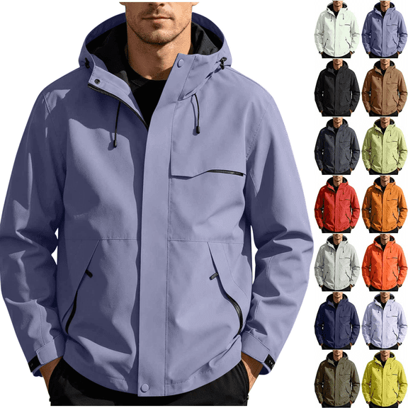 FEIIBMOYRIA Men's Windproof Jackets Men Solid Color Water Prooft Hooded Windbreaker Jackets with Multiple Zipper Pockets Casual Fashion Snap Button Full Zip Daily Outdoor Coats
