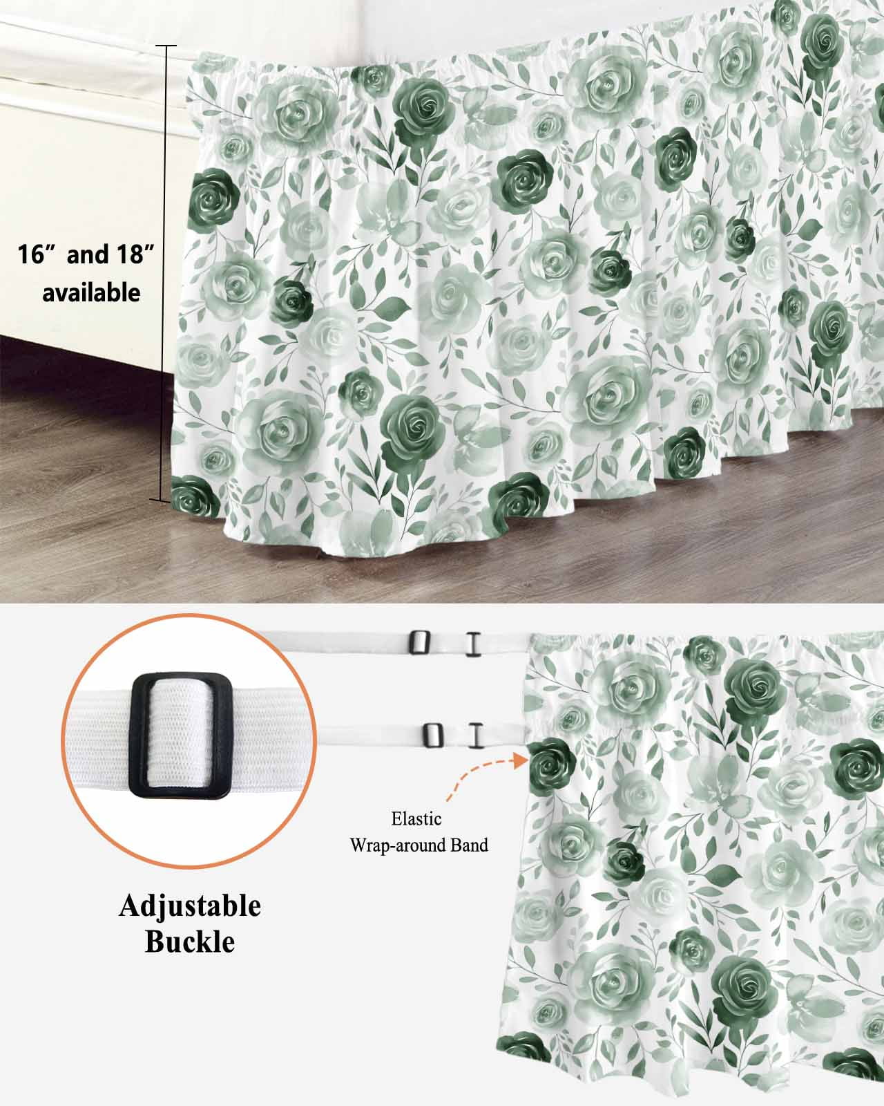 Sage Green Flower Wrap Around Bed Skirts for Queen Bed 16" Drop,Bed Skirt with Adjustable Elastic Belt Dust Ruffle Bed Valance for Bedroom Hotel Vintage Rose Floral Botanical Leaf Bed Frame Cover