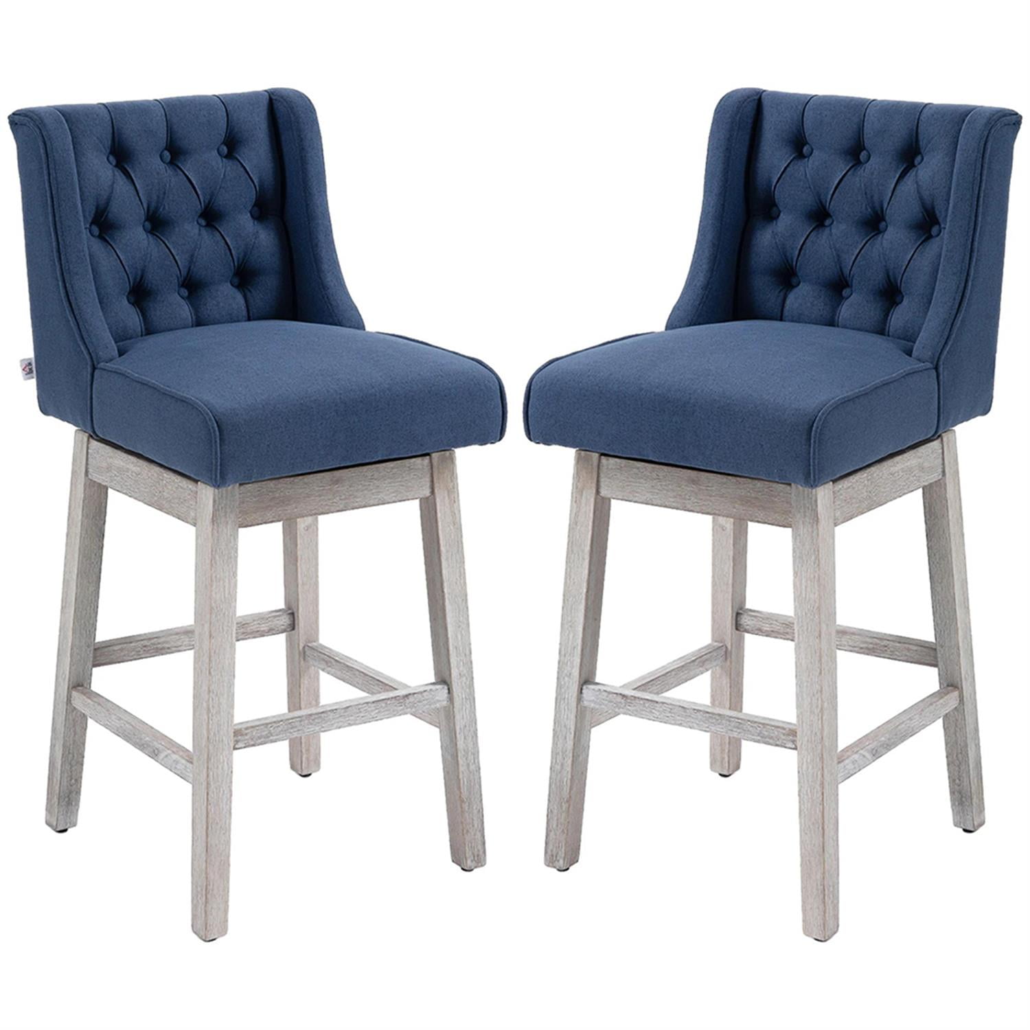 Demi Bonn 180 Degree Swivel Bar Stool Set of 2, Modern Cushioned Bar 30" Seat Height Stool with Button Tufted Back and Solid Wood Legs, Blue