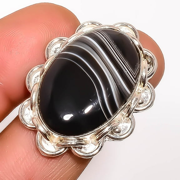 Natural Banded Agate 925 Sterling Silver Ring Size 9|Handmade Ring, Gift for her, Black Ring, Gemstone Silver Jewelry