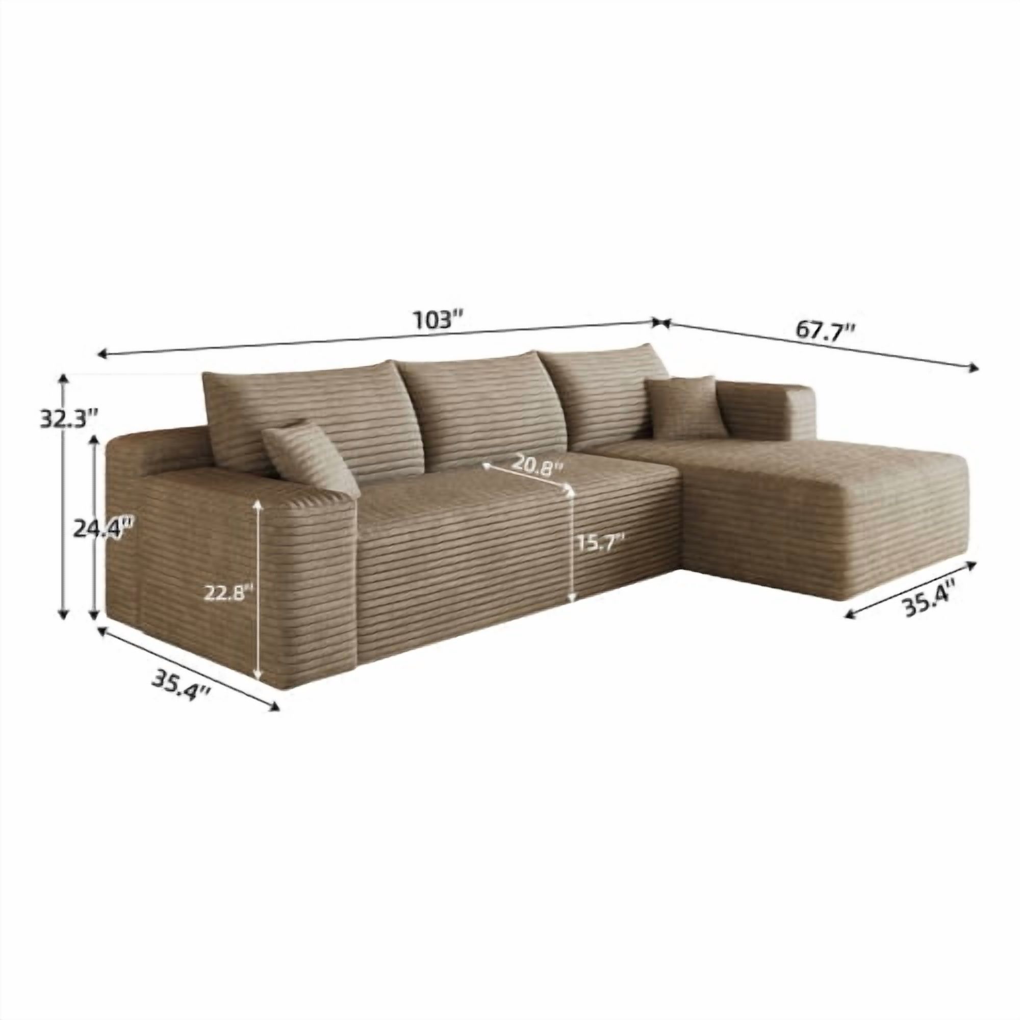 103" Cloud Sectional Sofa, Modern L Shaped Deep Seat Couch, Plush Corduroy Upholstered Sofa No Assembly, Living Room