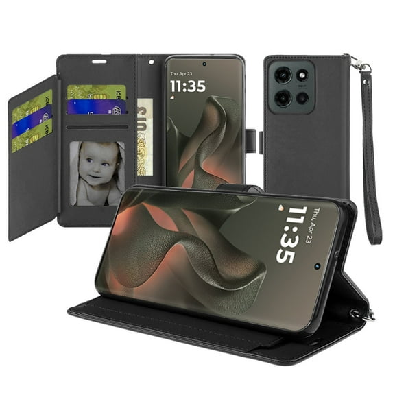 For Motorola Edge 2025 Wallet ID Flip Pouch Cover Phone Case - Black