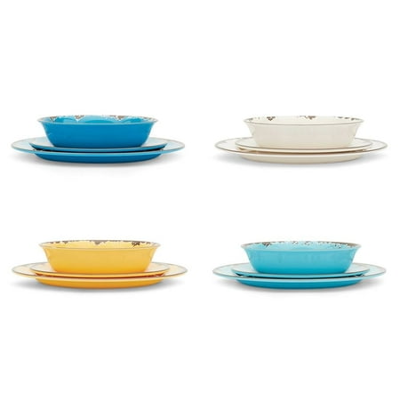 Fox Run Melamine Dinnerware Set, Off White, Dandelion Yellow, Sky Blue and Cornflower Blue, Set of 12 Outdoor Dishes