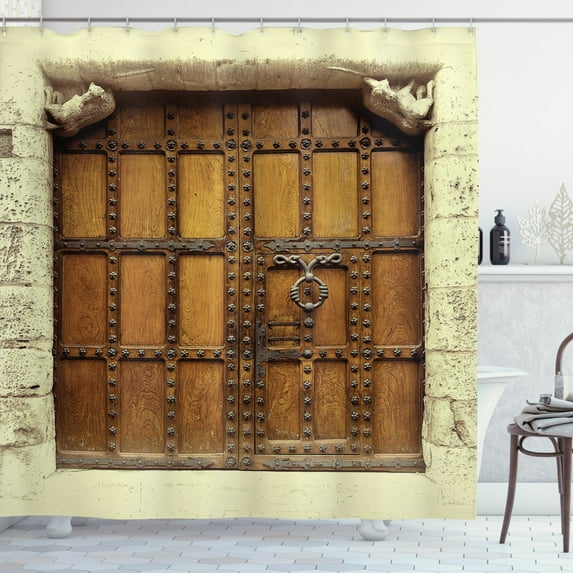 Ambesonne Retro Shower Curtain, Rustic Style Door Design, 69"Wx70"L, Cream Pale Brown