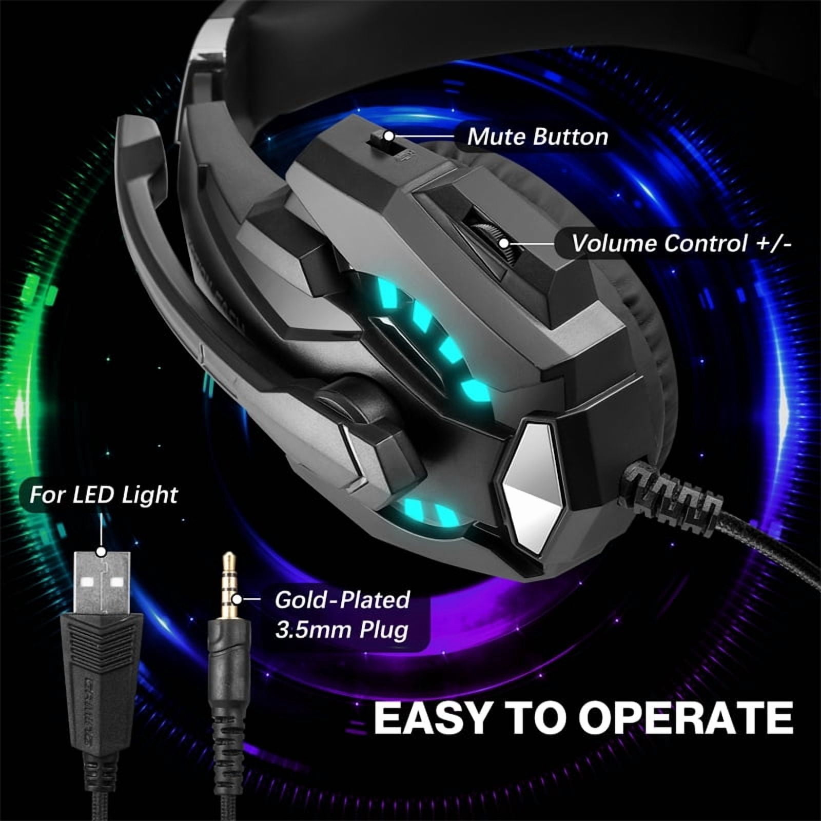 YUOY Gaming Headset for PC, PS4, PS5, Xbox & Switch – 7.1 Surround Sound, Noise Cancelling Mic, RGB Lights, Over-Ear Comfort