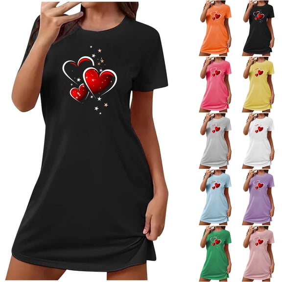 Sakmal Short Sleeve Moo Moos for Women Nightgowns Plus Size Valentines Love Pajama Sleep Dress Heart Print Short Ladies Nightgown L
