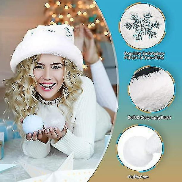 Gorro De Papá Noel Blanco Con Lentejuelas Doradas Y Plateadas – Bordado De Copo De Nieve, Talla Única Para Adultos