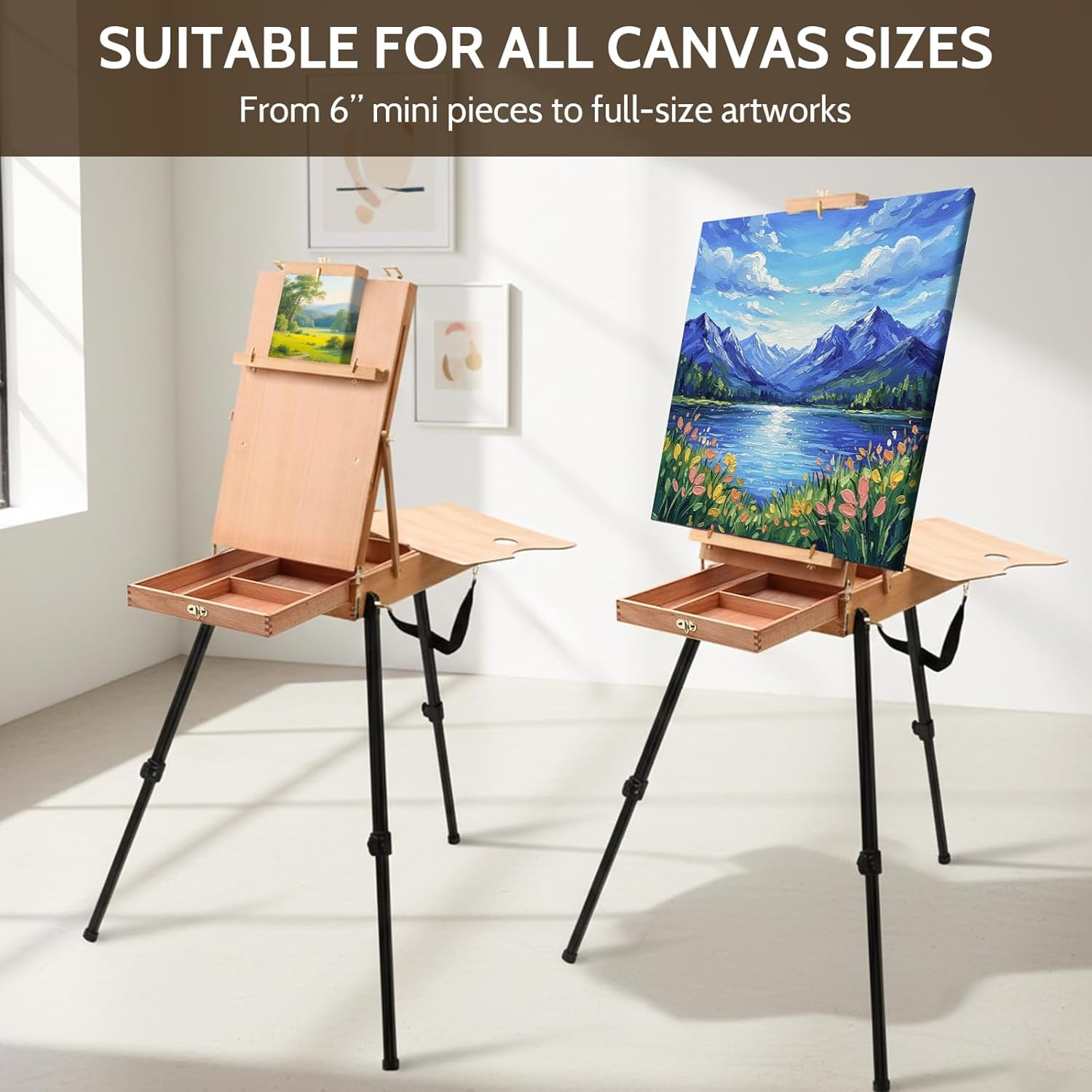 LAVFOX Lightweight French Style Field Easel with Aluminum Tripod, Adjustable Beechwood Standing Sketchbox Easel with Storage Drawer and Palette for Artists