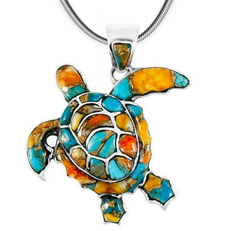 Turtle Spiny Turquoise Pendant Necklace Sterling Silver 925 (With 20" Chain) for women | Turquoise Network | PN3180-C89-S20