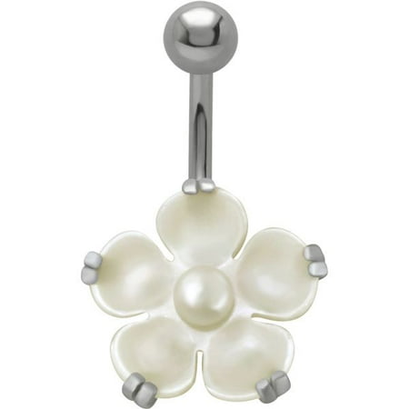 Dot Mother Of Pearl Ring - Mother-of-Pearl Flower Sterling Silver Belly Button Piercing Ring