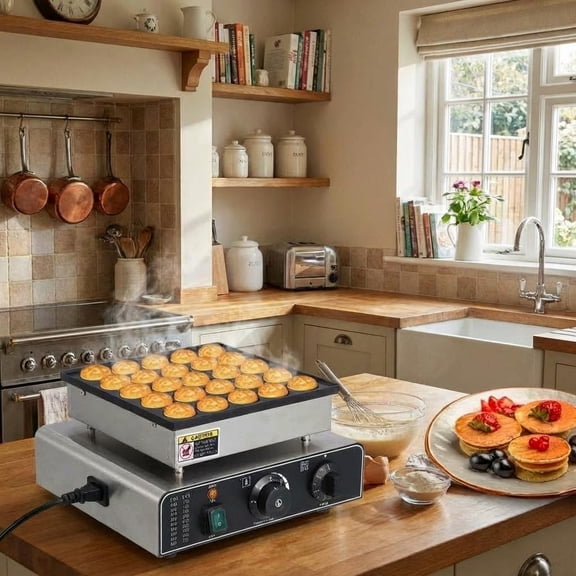 Mini Muffin & Pancake Maker, 20-Hole Nonstick, 850W Stainless Steel, Temp/Timer Control, Fast Heating for Home & Business