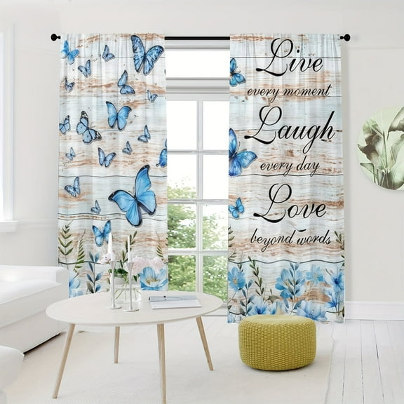 WNOOHIY Blue Butterfly Flower Wood Texture Background Curtains for Bedroom and Living Room, Set of 2 Panels