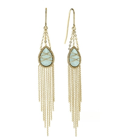 5th & Main 18kt Gold over Sterling Silver Hand-Wrapped Drape Chain Hanging Teardrop Chalcedony Stone Earrings