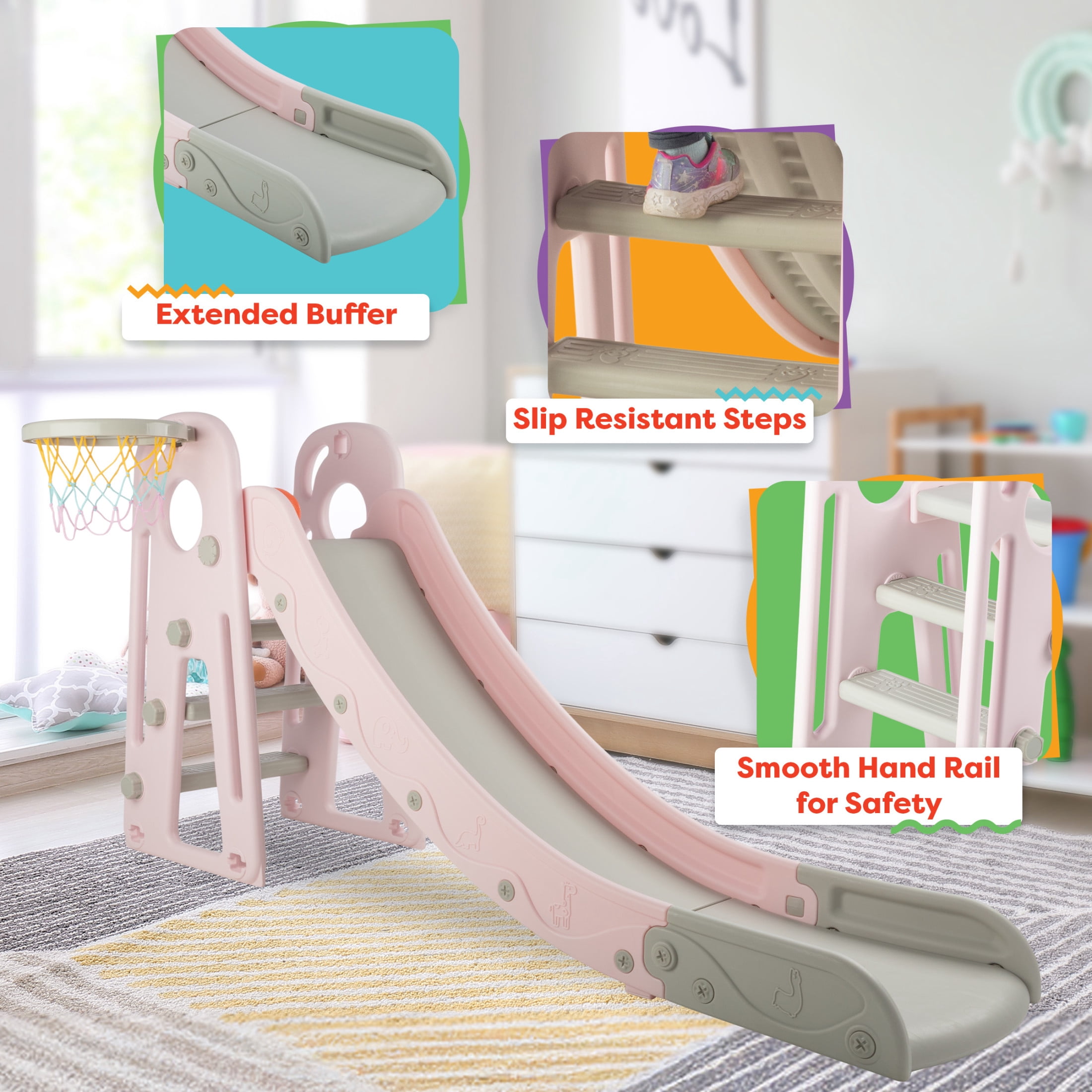 Hey Play Indoor/Outdoor Toddler Slide with Basketball Hoop and Ball (Pink)