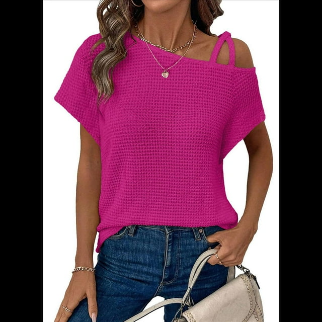 Camiseta Informal de Verano para Mujer, de Corta, con Hombros Descubiertos y Tejido Gofre, Talla XL, Color Rosa Rojo