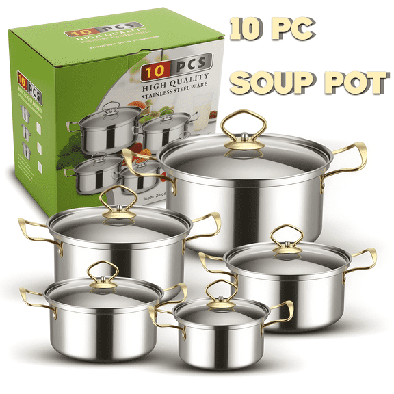 NEPIVEL Home Kitchen Cookware Sets, 10 Pcs Non Stick Stainless Steel Soup Pot Set with Lid, Double Handle Soup Pot for Cooking, Induction and Dishwasher Safe, Gold
