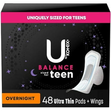 U by Kotex Balance Sized for Teens Ultra Thin Overnight Pads with Wings, 48 Count (4 Packs of 12) (Packaging May Vary)