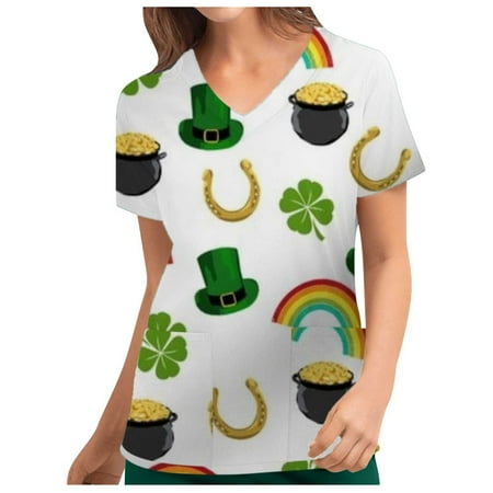 

Danhjin Womens Nursing Scrub Tops Printed Working Uniform Short Sleeve V-Neck Workwear Blouse T-shirt with Pockets Scrubs - Summer Savings Clearance