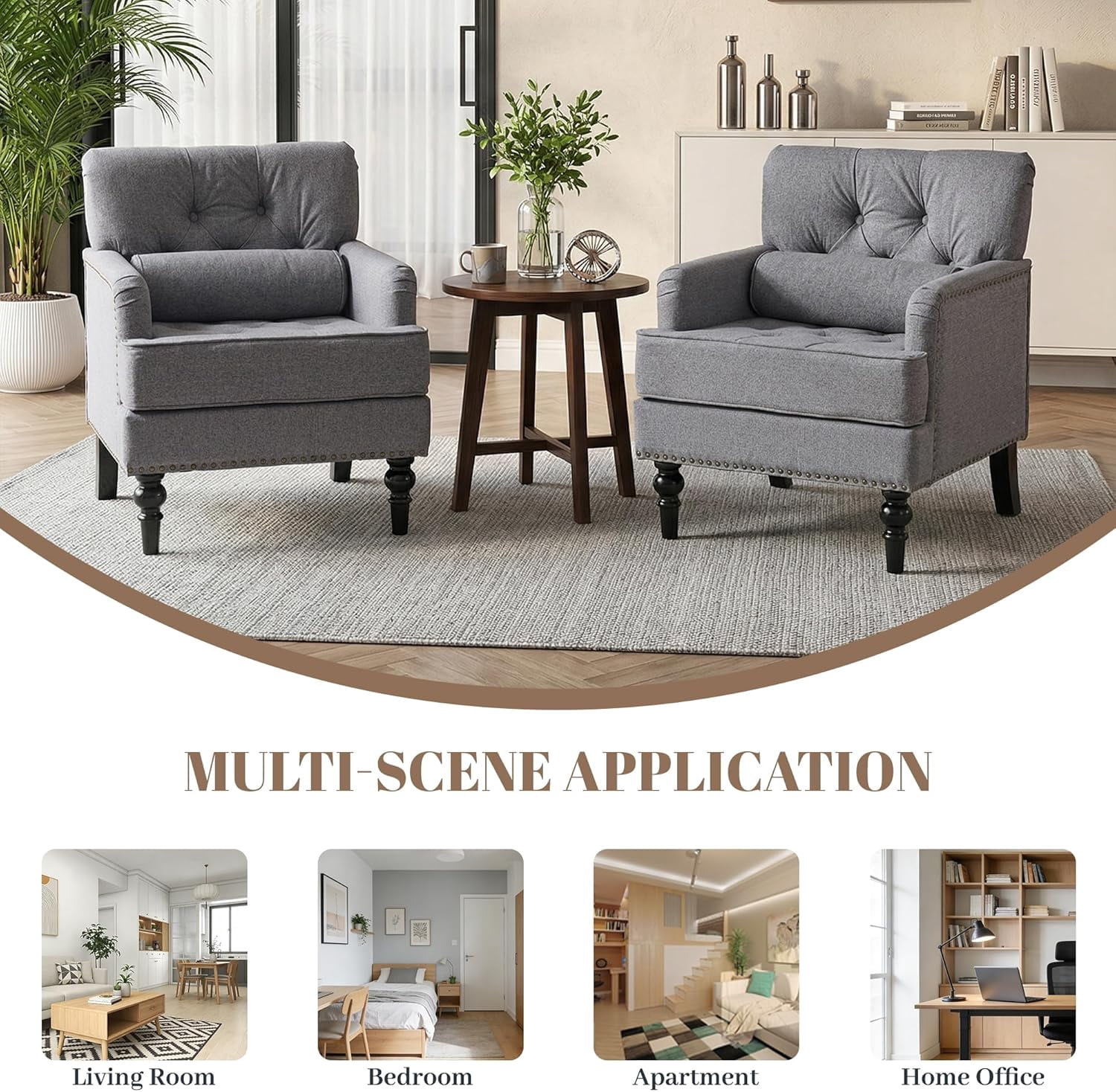 MOONMISS 26.4" Wide Accent Chair,tufted Club Chair With Linen Fabric,upholstered Button Armchair For Bedroom, Living Room,Gray