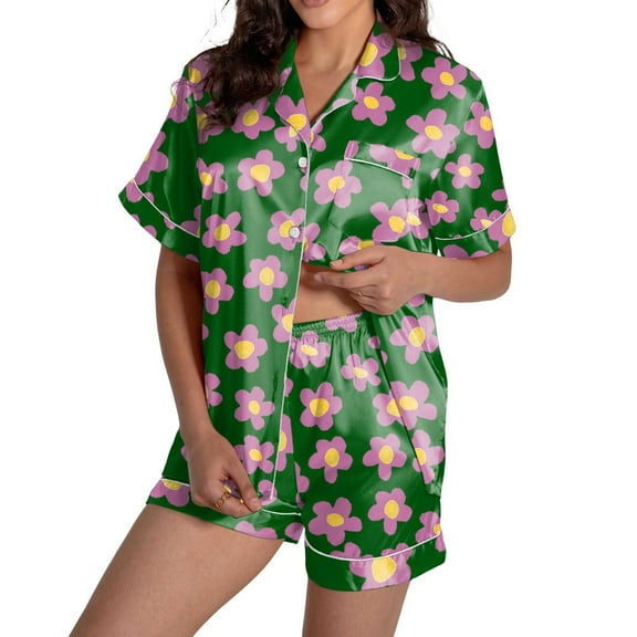 Pajama Set Women Trendy Silk Satin Short Sleeved Top Shorts Sleepwear,Dark Green,L