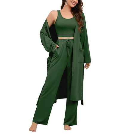 

Valcatch Women s Casual Loungewear Set Solid Color Pajamas Tank Top Wide Leg Pants and Cardigan Nightwear
