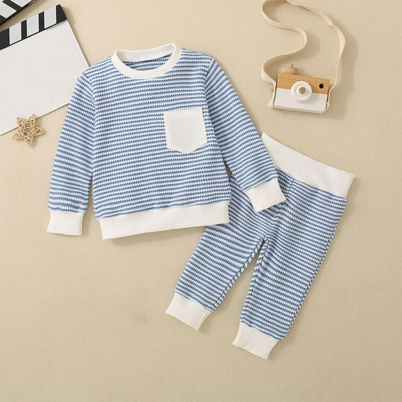 Nrmvnmi Toddler Boys Girls Fall Outfits Waffle Stripe Crew Neck Long Sleeve Sweatshirts And High Waisted Elastic Ankle Length Pants With Pocket Two Piece Set Fashion Leisure Sports Suit