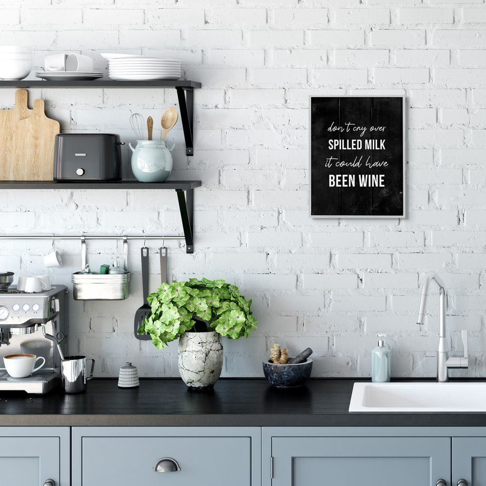 Stupell Industries Rustic Spilled Milk Phrase Wine Comedy Black White Framed Wall Art Design by Daphne Polselli, 11" x 14", Gray Framed