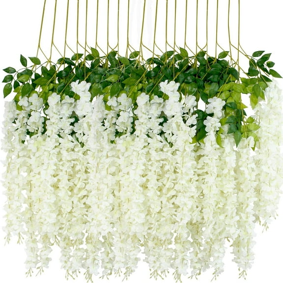 LQQBOX 12Pcs Artificial Wisteria Flowers 3.6 Feet/Piece White Dense Artificial Fake Wisteria Vine Hanging Garland Silk Flowers String Home Party Wedding Decor(White-Dense)