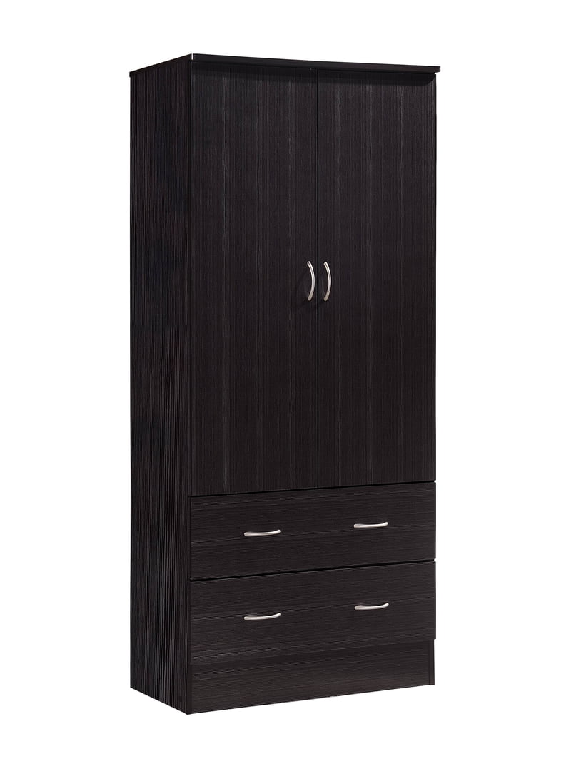 Hodedah Two Door Wardrobe, Two Drawers, Hanging Rod, Chocolate