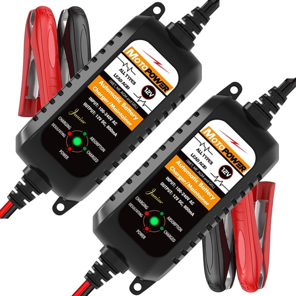 MOTOPOWER 12V 800mA Fully Automatic Battery Charger Battery Maintainer Trickle Charger - 2 Pack