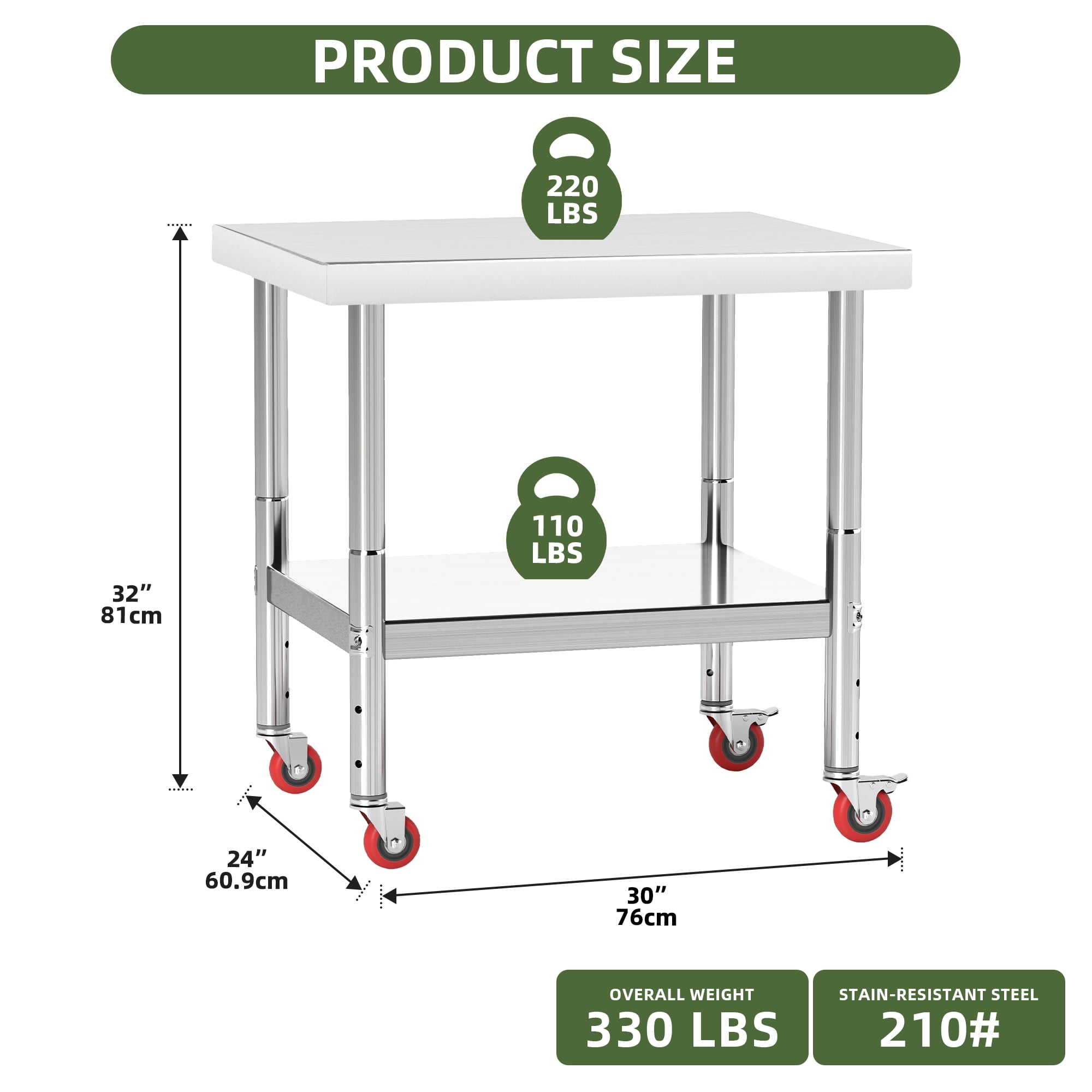Uforic 30" x 24" Stainless Steel Work Table with Wheels for Home, Kitchen, Restaurant, Garage, Warehouse, and Outdoor Use