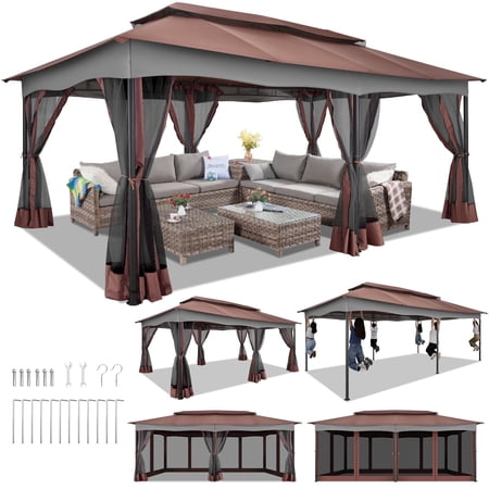 Hoteel 12x20 Heavy Duty Outdoor Gazebo with 6 Mosquito Netting, 100% Waterproof Double Roof Soft Top Screen Gazebo for Lawn,Garden,Backyard and Deck,Brown