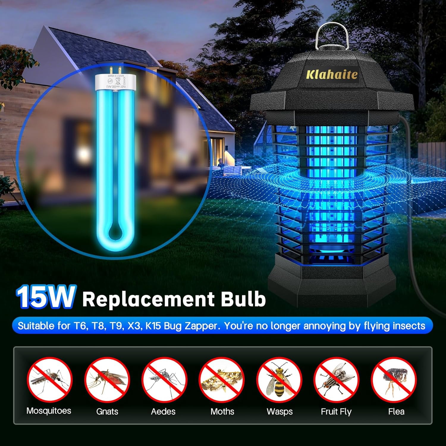 Replacement Light Bulb Bug Zapper 15W Bulbs for K15, X3,T6, T8, T9 Outdoor 4-Pin Base U Shaped Twin Tube Mosquito Zapper, 2 Pack