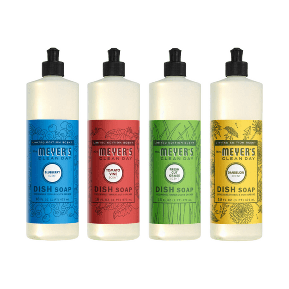 Mrs. Meyer’s Clean Day Dish Soap 16 fl oz Each, Fresh Cut Grass, Tomato Vine, Dandelion, Blueberry, 1 ct (Variety Pack)
