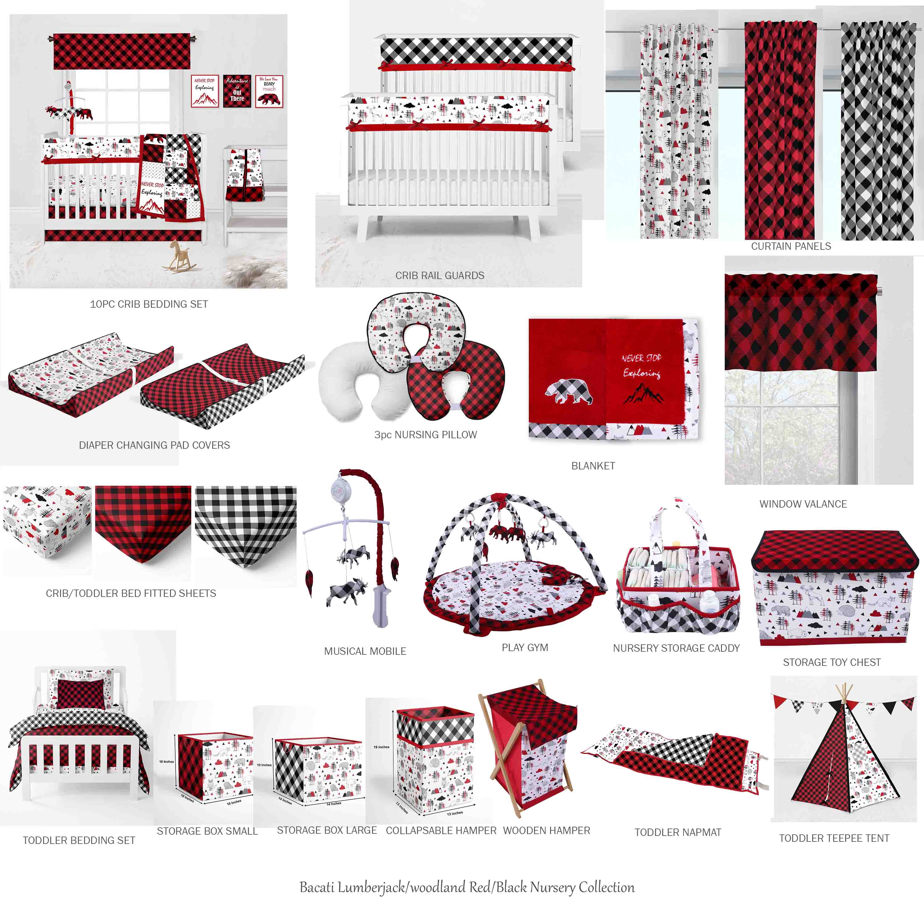100 percent Cotton Crib or Toddler Tailored Bed Skirt with 13 inches drop, Lumberjack Red/Black/Grey