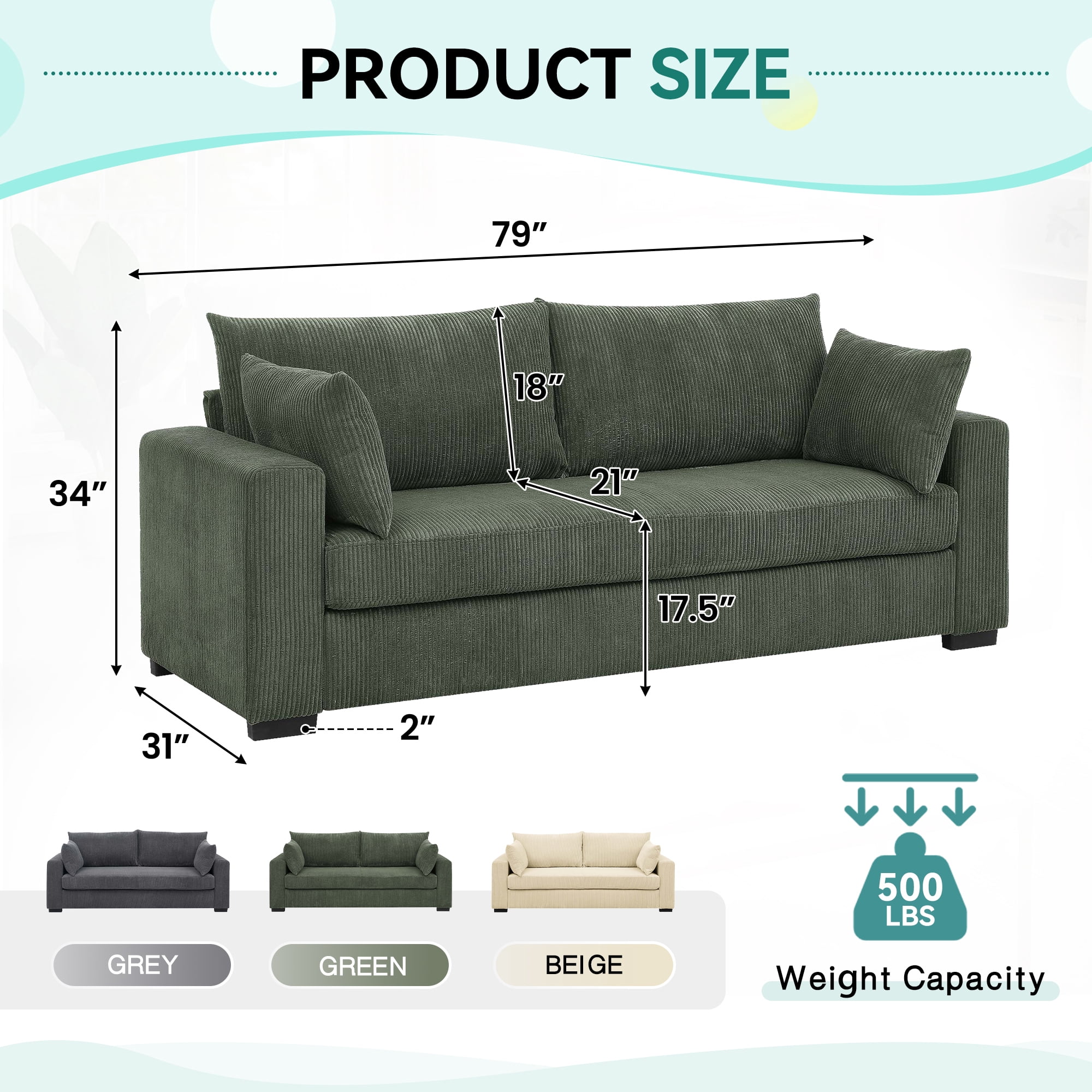 Muumblus 79"L Corduroy Sofa, Deep Seat Sleeper Couch, 3-Seater Living Room Sofa, Greens