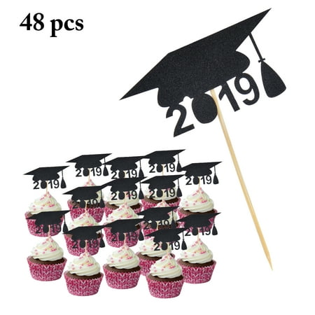 48PCS 2019 Graduation Cake Topper, 2019 Doctorial Hat Cupcake Topper Cake Decoration Graduation Party