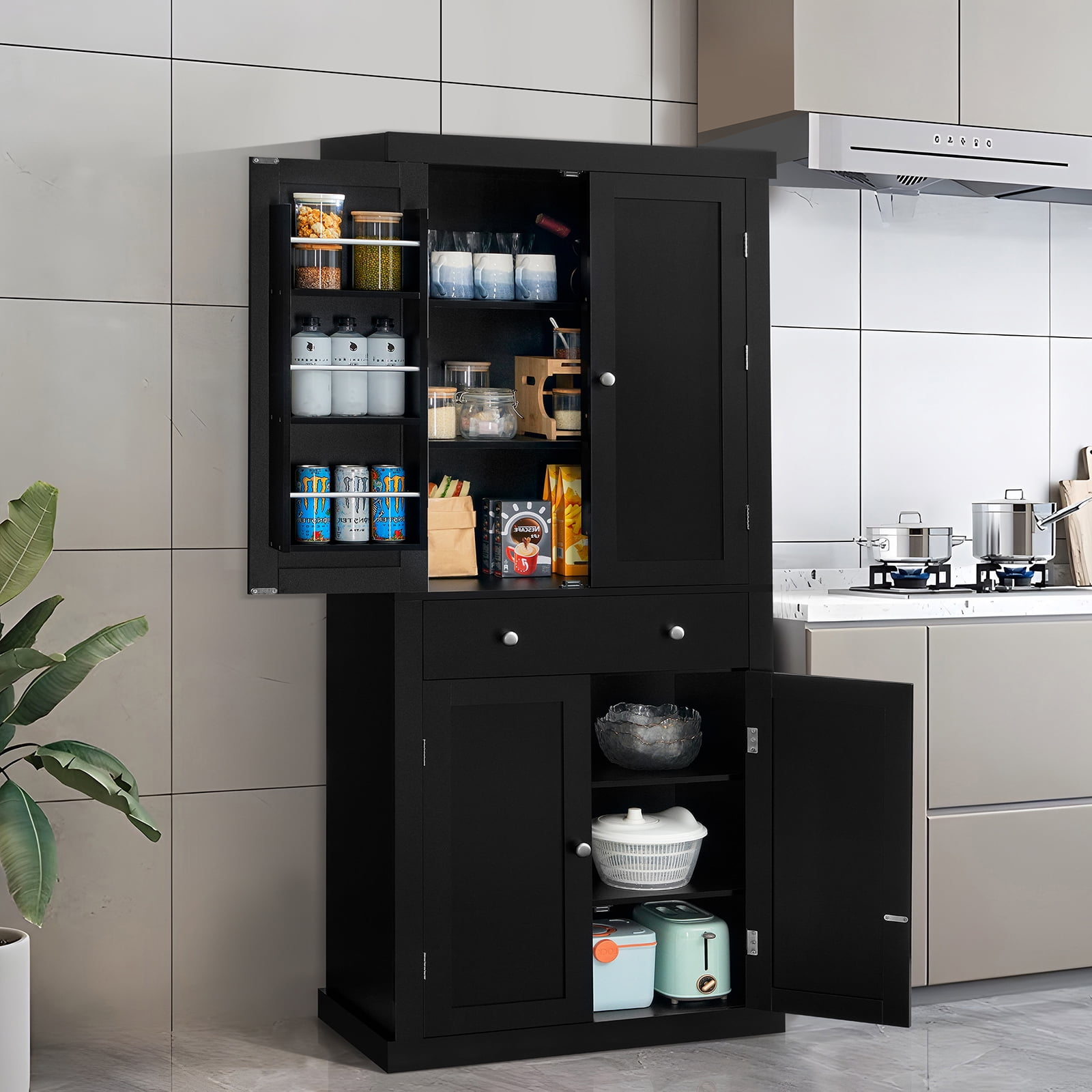 URTR Black Wood 30 in. Freestanding Tall Kitchen Pantry Cabinet Storage Cabinet  Organizer with 4-Doors and Adjustable Shelves T-02021-B - The Home Depot