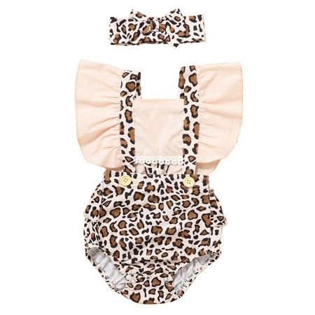 

Newborn Infant Baby Girl Fly Sleeve Leopard Print Romper Bodytsuit+Headband Set Baby Clothes