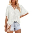 thumbnail image 1 of Txlixc Blusa informal para mujer, cuello en V, manga acampanada, textura de flores, botones, camisa suelta con volantes para mujer Txlixc  Moda, 1 of 5