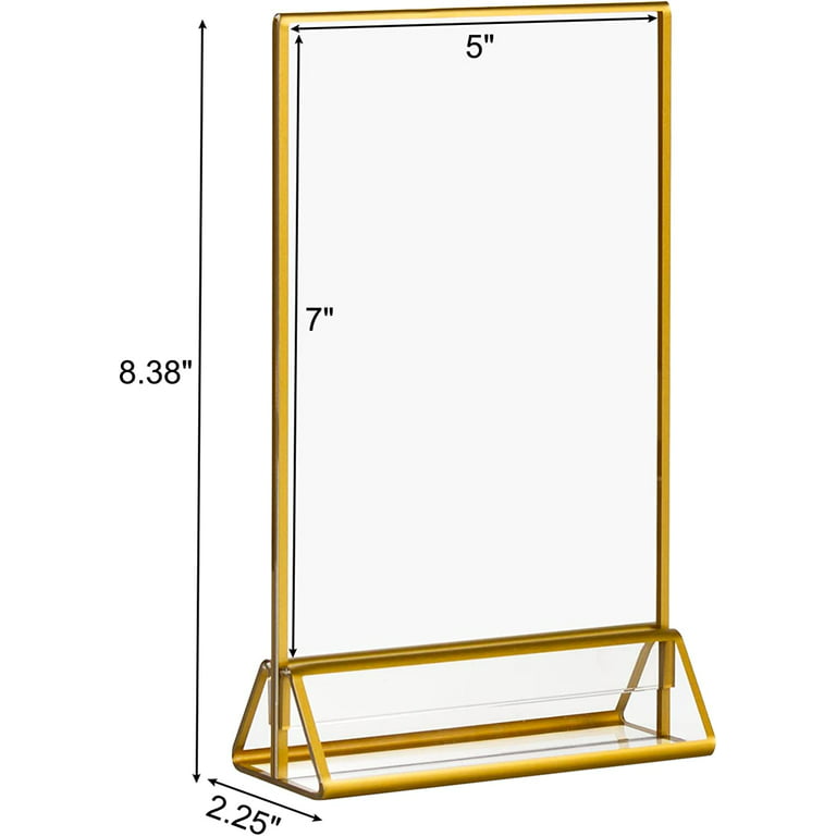 Houseables Acrylic Sign Holders, Double Sided Picture Frames, 5 inch x 7 inch, 6 pk, Gold Finish, Clear, Vertical Photo Stand, for Table Numbers