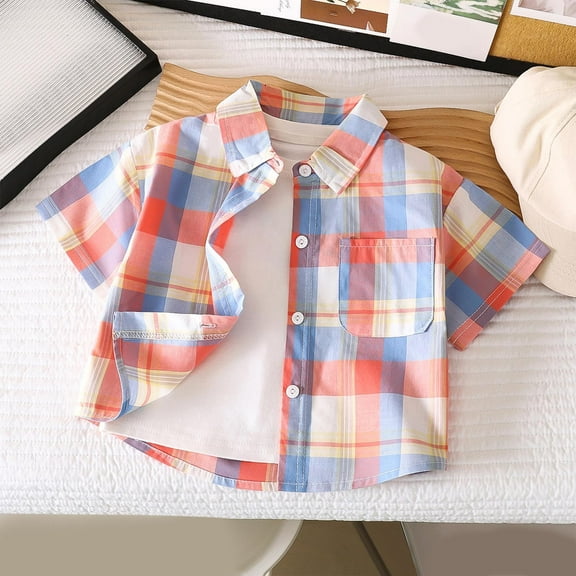 Frwgonr Kids Tops Casual Button Down Shirts Stretch Dress Shirs Short Sleeve Plaid Summer Shirts for Boy 1-11 Years, Blue
