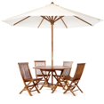 thumbnail image 1 of All Things Cedar 6-Piece 4-ft Teak Octagon Folding Table Set with White Umbrella, 1 of 2