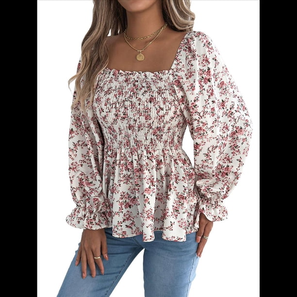 Blusa Tipo Túnica Plisada con Volantes, Mangas Largas y Hombros Descubiertos, A Rayas, para Mujer, Talla Grande L